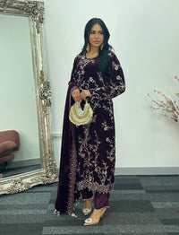 “Makhmal” Plum Velvet Cutdana - Party Wedding Outfit - AA