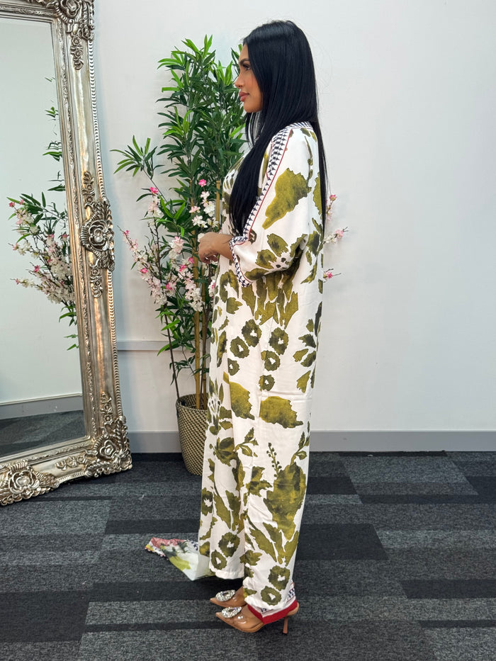 Swiss silk printed kaftan style dress - Green Kaftaan - 3pc