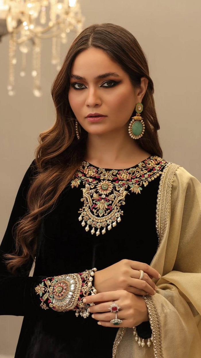 (Preorder Now) “sawan” Velvet Pret Black Party Wedding Outfit - Rang de Boutique