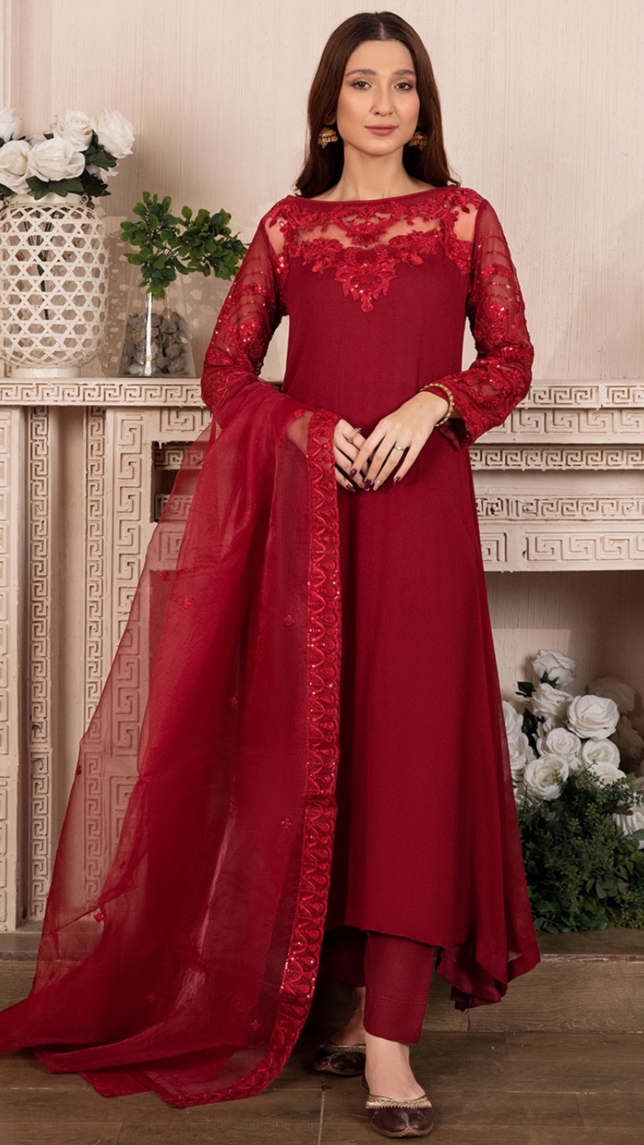 Red chiffon sale suit