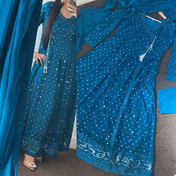 Peacock Chiffon Chikankaari Maxi long Frock (rd102) - Rang de Boutique