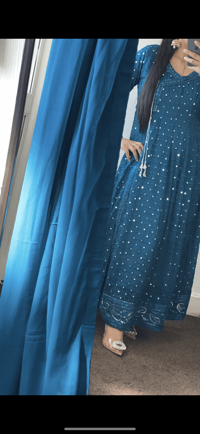 Peacock Chiffon Chikankaari Maxi long Frock (rd102) - Rang de Boutique
