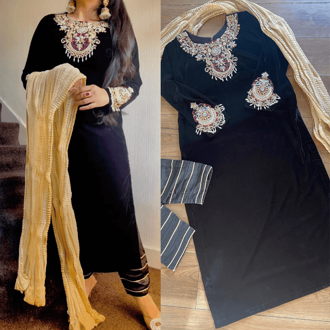 “sawan” Velvet Pret Black Party Wedding Outfit - Rang de Boutique