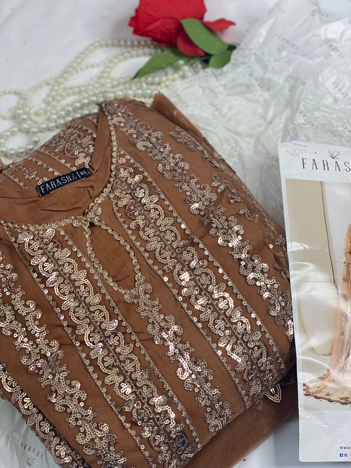 Farasha Original Coffee Brown 3pc Frock - Rang de Boutique