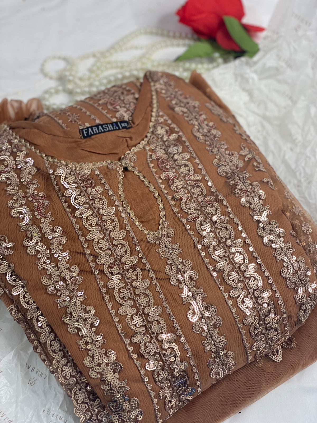 Farasha Original Coffee Brown 3pc Frock - Rang de Boutique