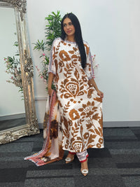 Swiss silk printed kaftan style dress - Brown Kaftaan - 3pc