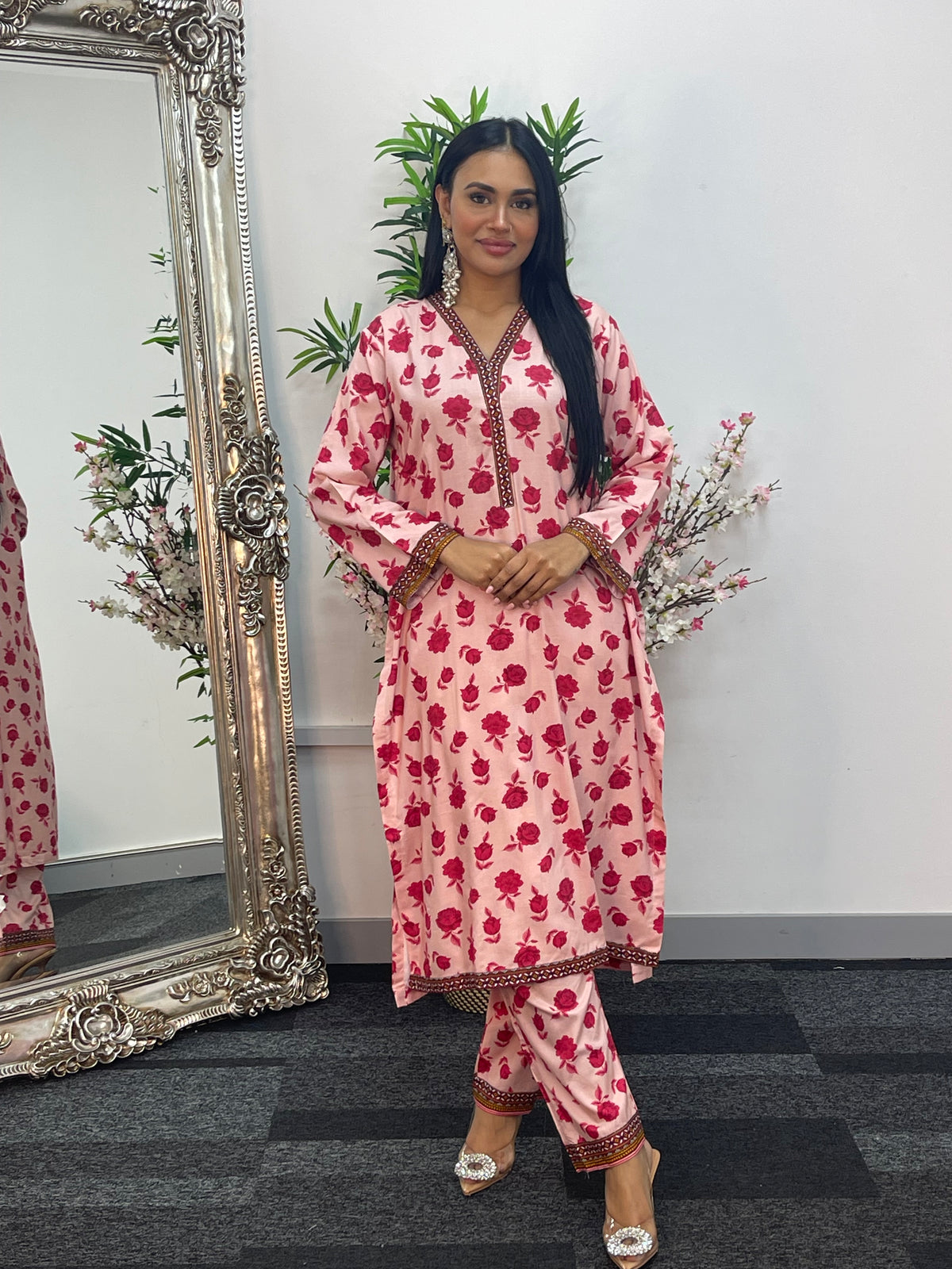 Daily Wear - 2pc Printed Linen - pink Roses