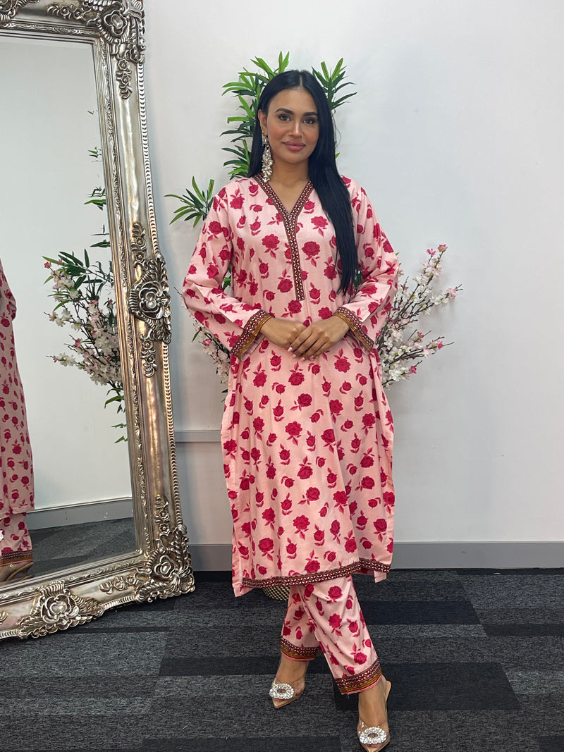 Daily Wear - 2pc Printed Linen - pink Roses