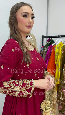 NOOR BANO - Hand Painted Dupatta with Hand Work -Anarkali - Maroon Gold -