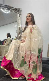 Noor bano - Gold Pishwas with Hand Painted Dupatta -