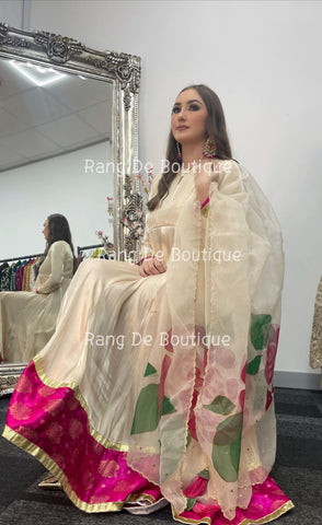 Gul Bano - Gold Pishwas with Hand Painted Dupatta -