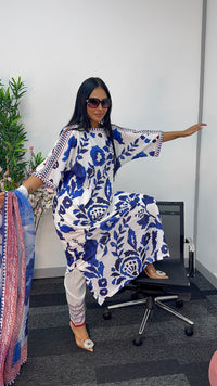 Swiss silk printed kaftan style dress - Blue Kaftaan - 3pc