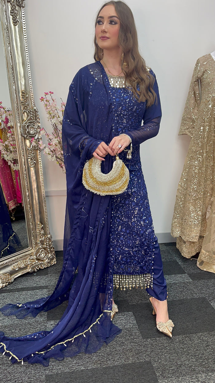 Chamkeeli - Chiffon Party Wear - Navy Blue