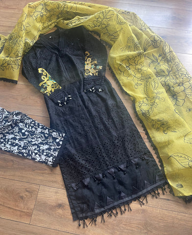 Khoobsurat - Maria B Inspired - Chikankaari Lawn - Black & Yellow - MBC