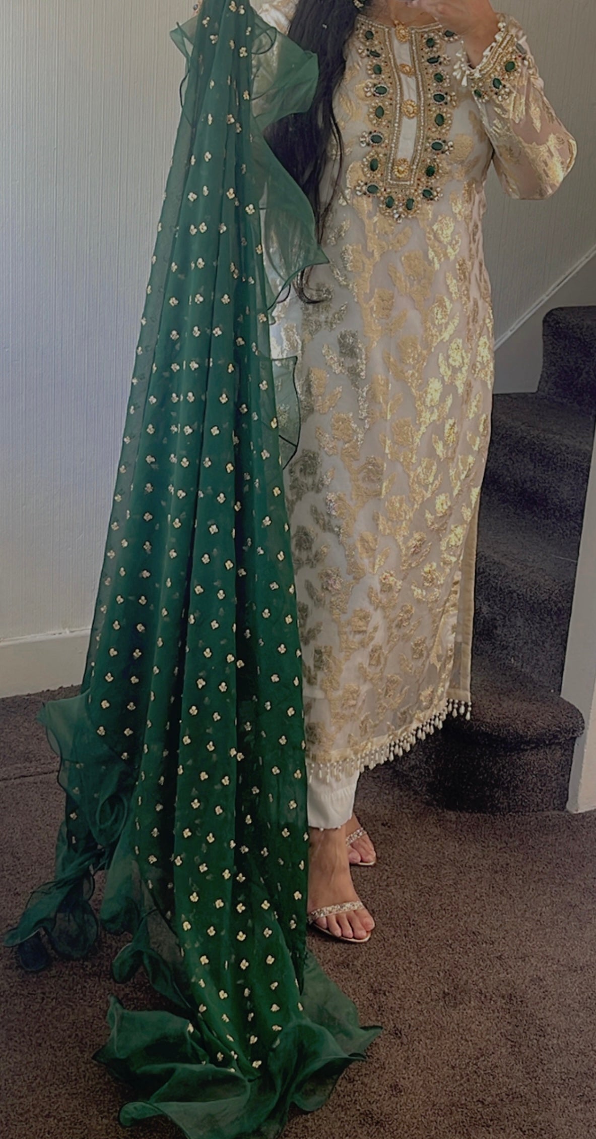 Laila- Banarasi Party Wear - Ivory dress green dupatta