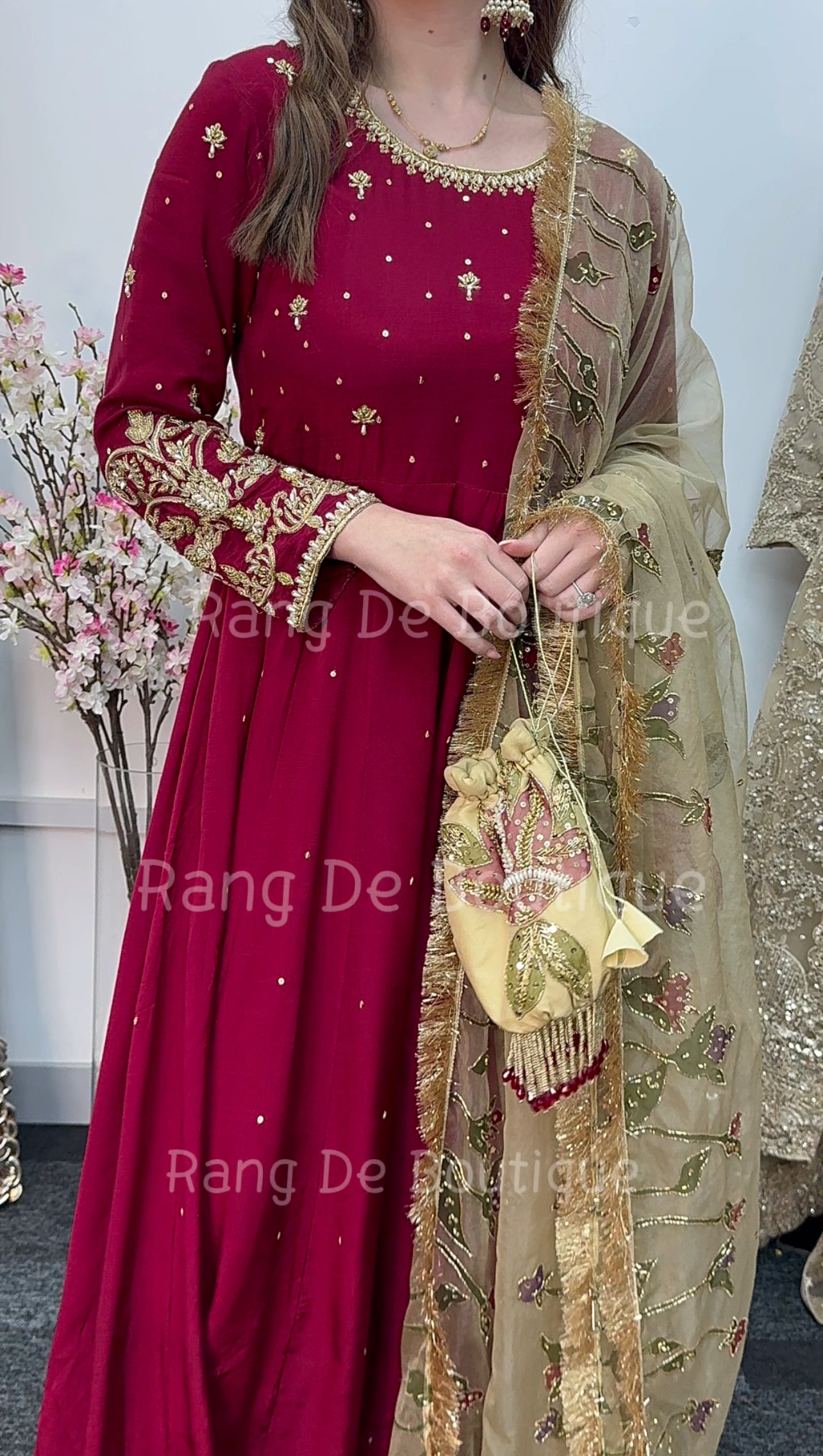 NOOR BANO - Hand Painted Dupatta with Hand Work -Anarkali - Maroon Gold -