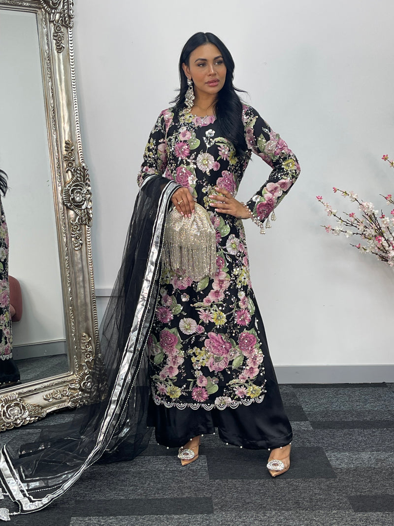 Kareena - Floral cutdana - Karina - Black Pink - B