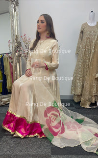 Noor bano - Gold Pishwas with Hand Painted Dupatta -
