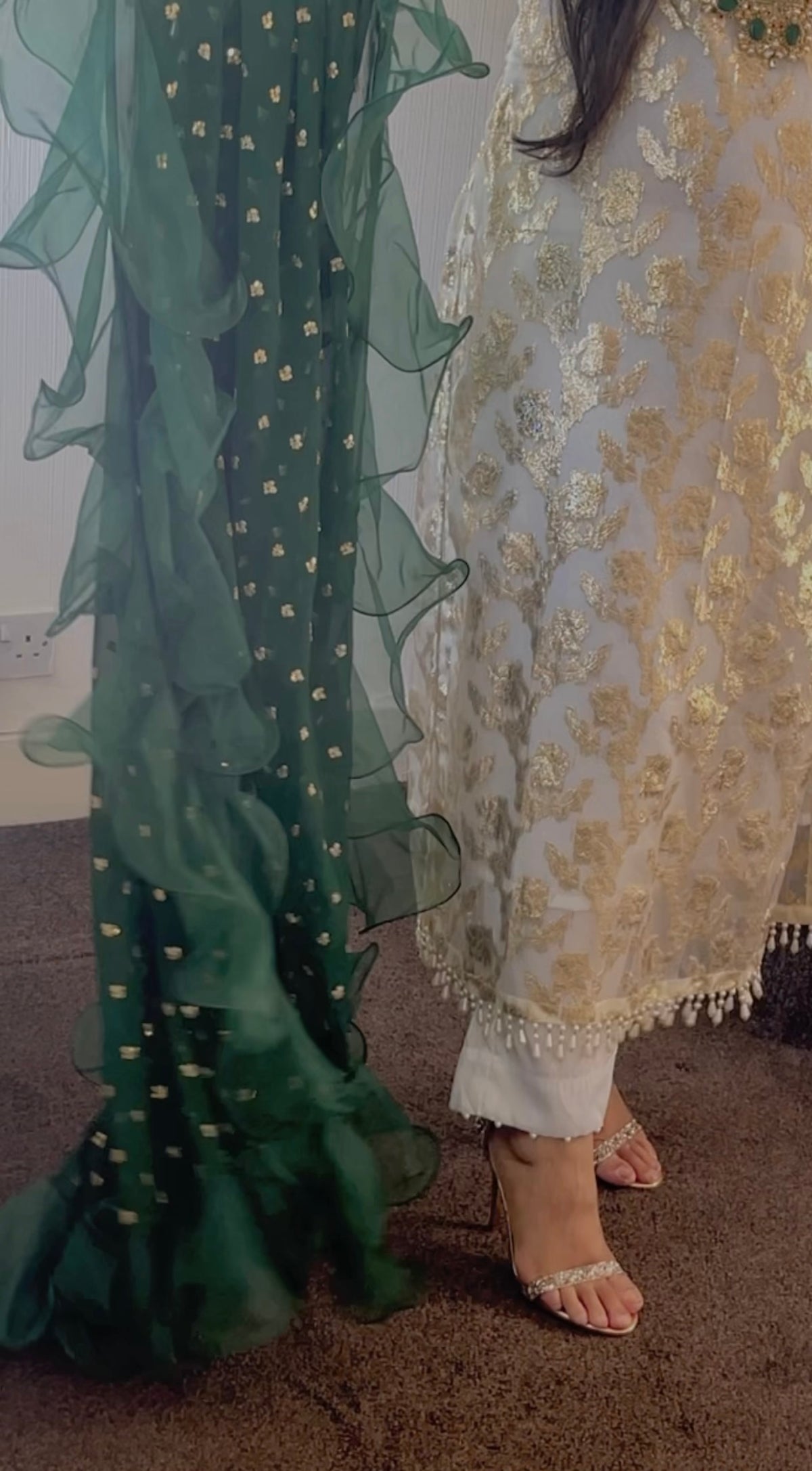 Laila- Banarasi Party Wear - Ivory dress green dupatta