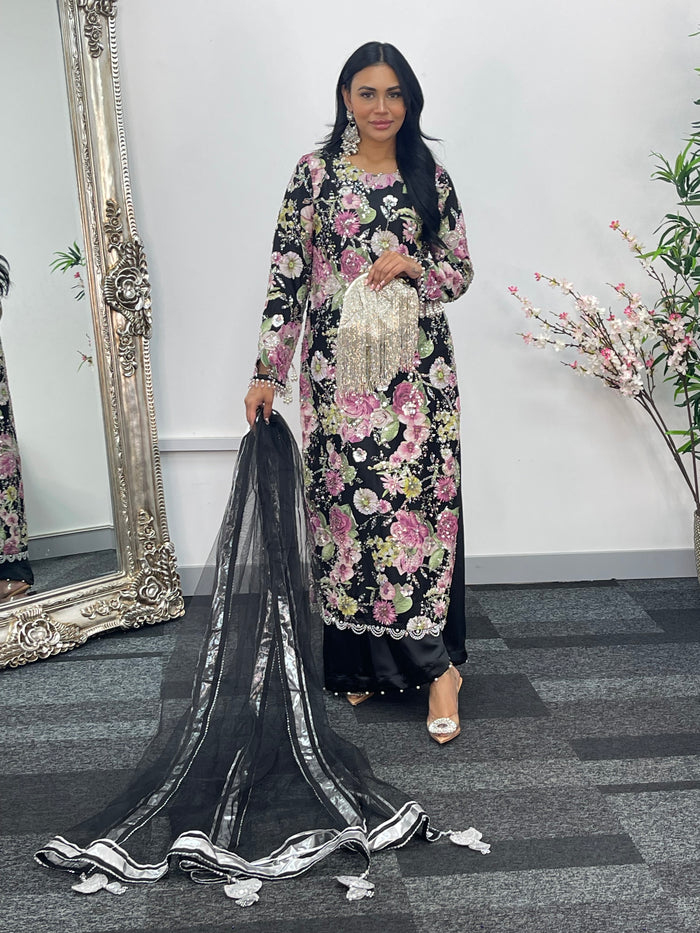 Kareena - Floral cutdana - Karina - Black Pink - B