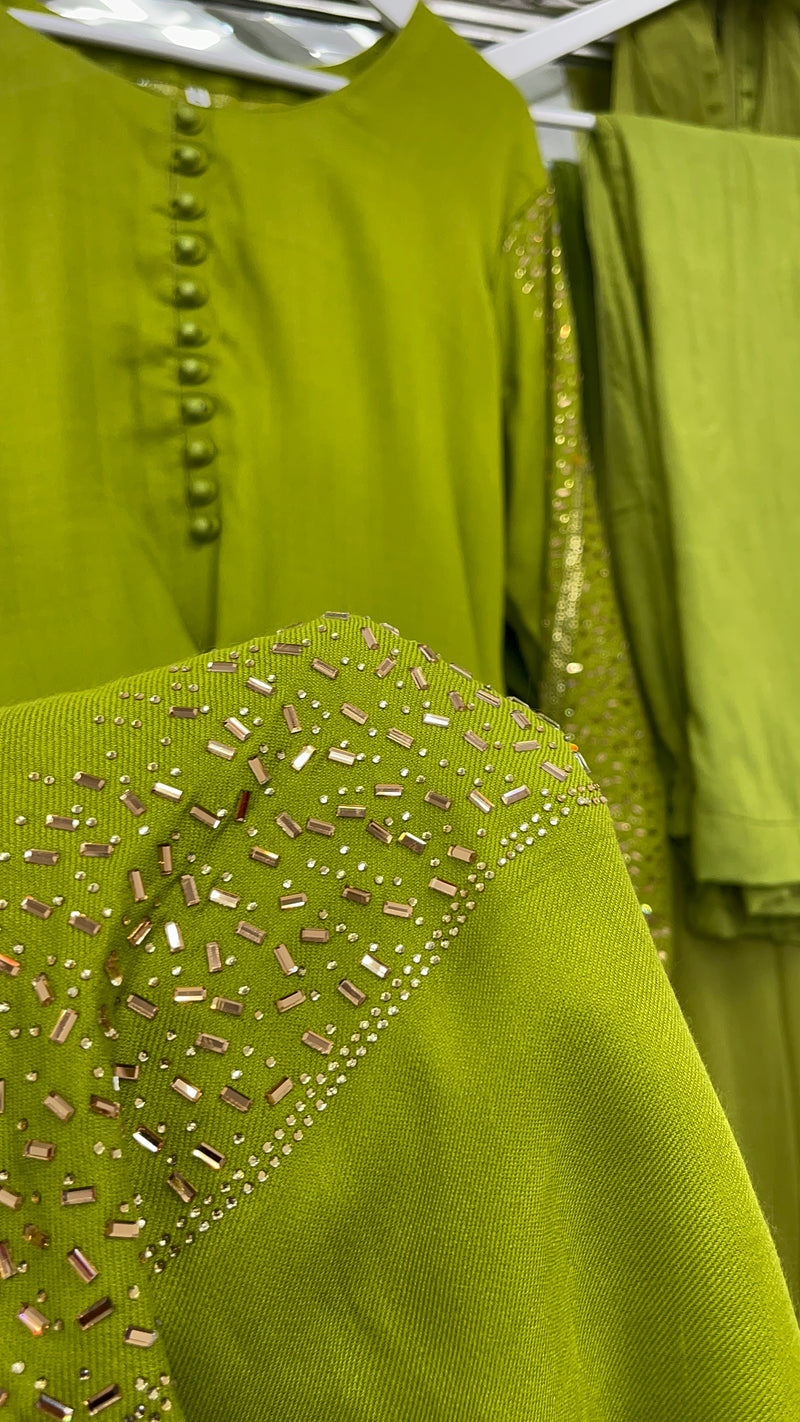 Swarovski Pashmina - 3 pc - Winter Collection -  Dhaani Lime Green