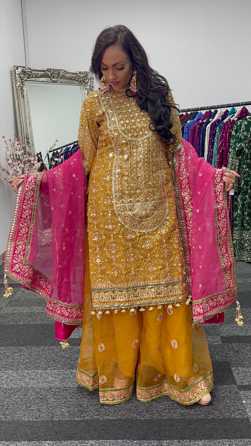 Haldi - MNR  Mustard-yellow - Hot Pink Sharara outfit