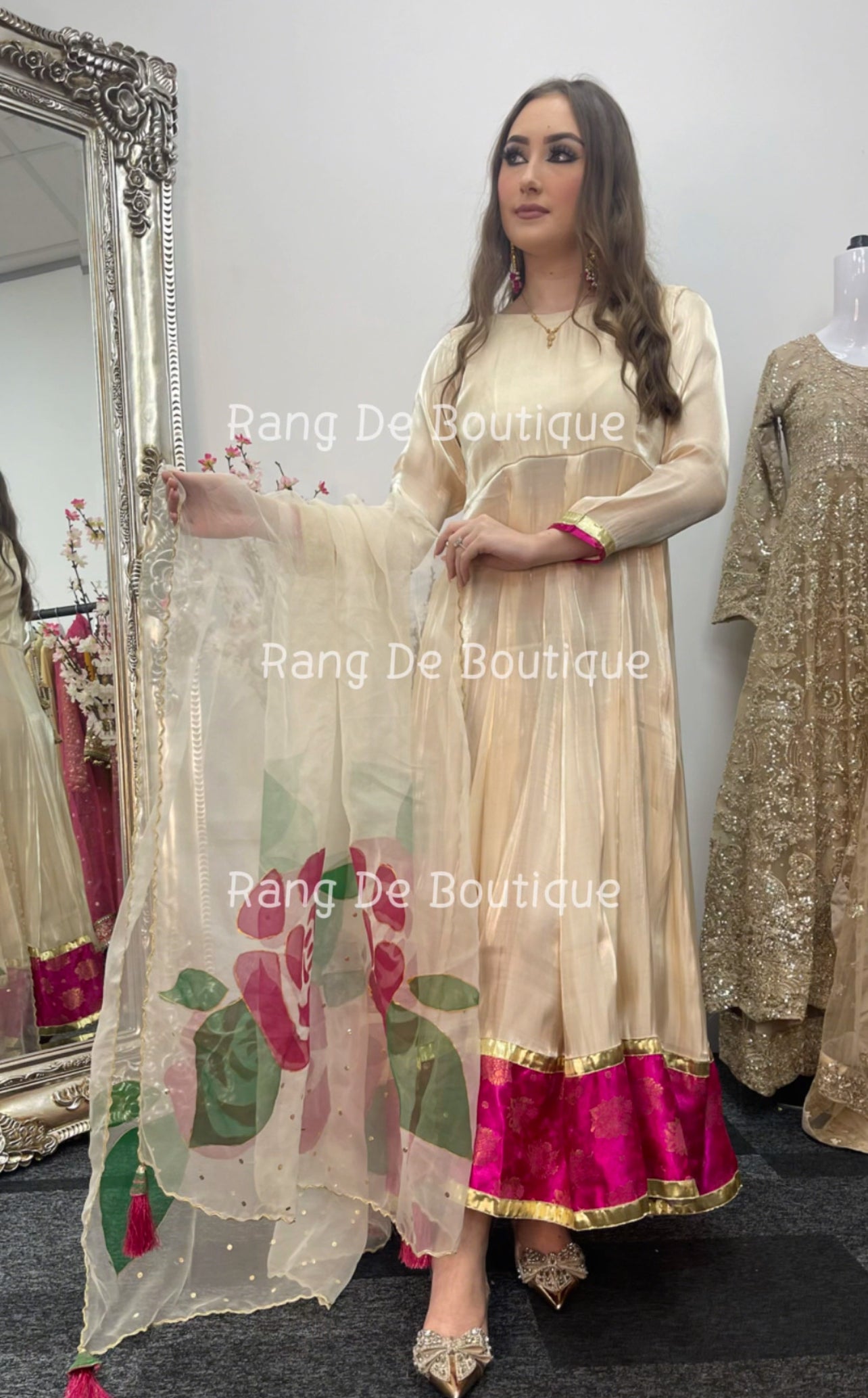 Gul Bano - Gold Pishwas with Hand Painted Dupatta -