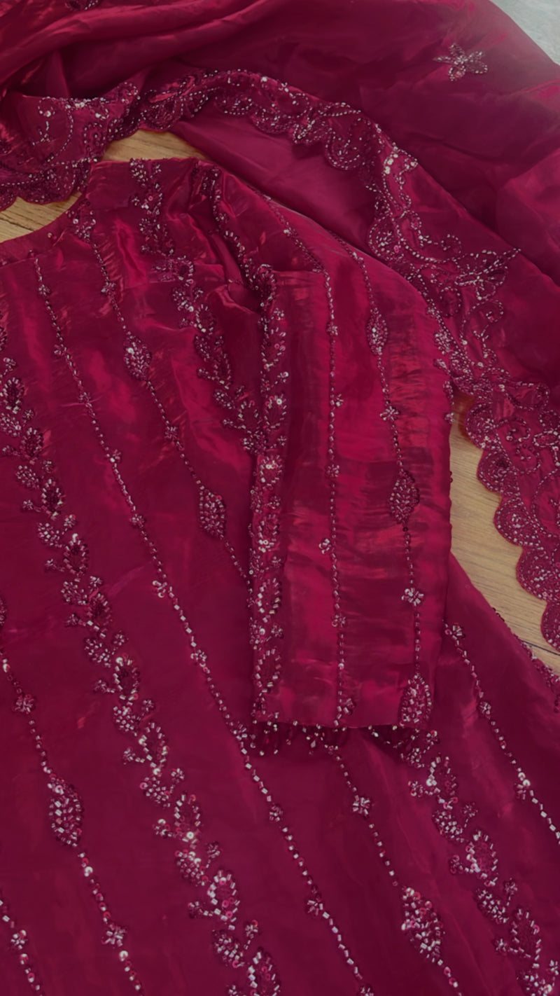 Tara - Korean Silk Cutdana - Maroon -