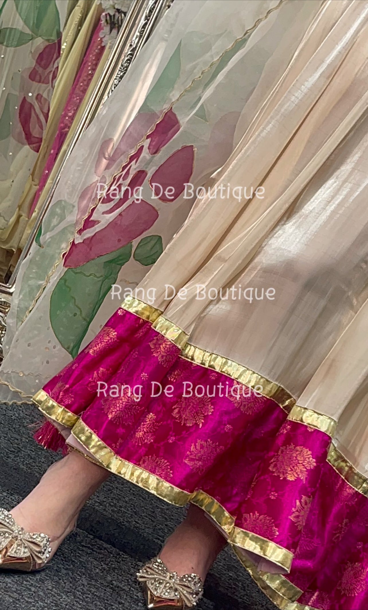 Gul Bano - Gold Pishwas with Hand Painted Dupatta -