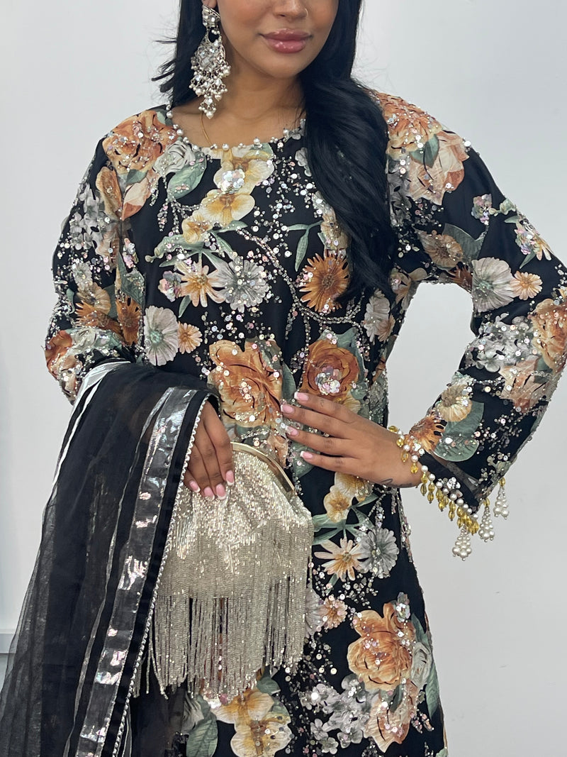 Kareena - Floral cutdana - Karina - Black Orange - B