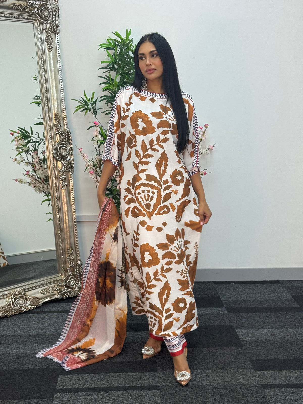 Swiss silk printed kaftan style dress - Brown Kaftaan - 3pc