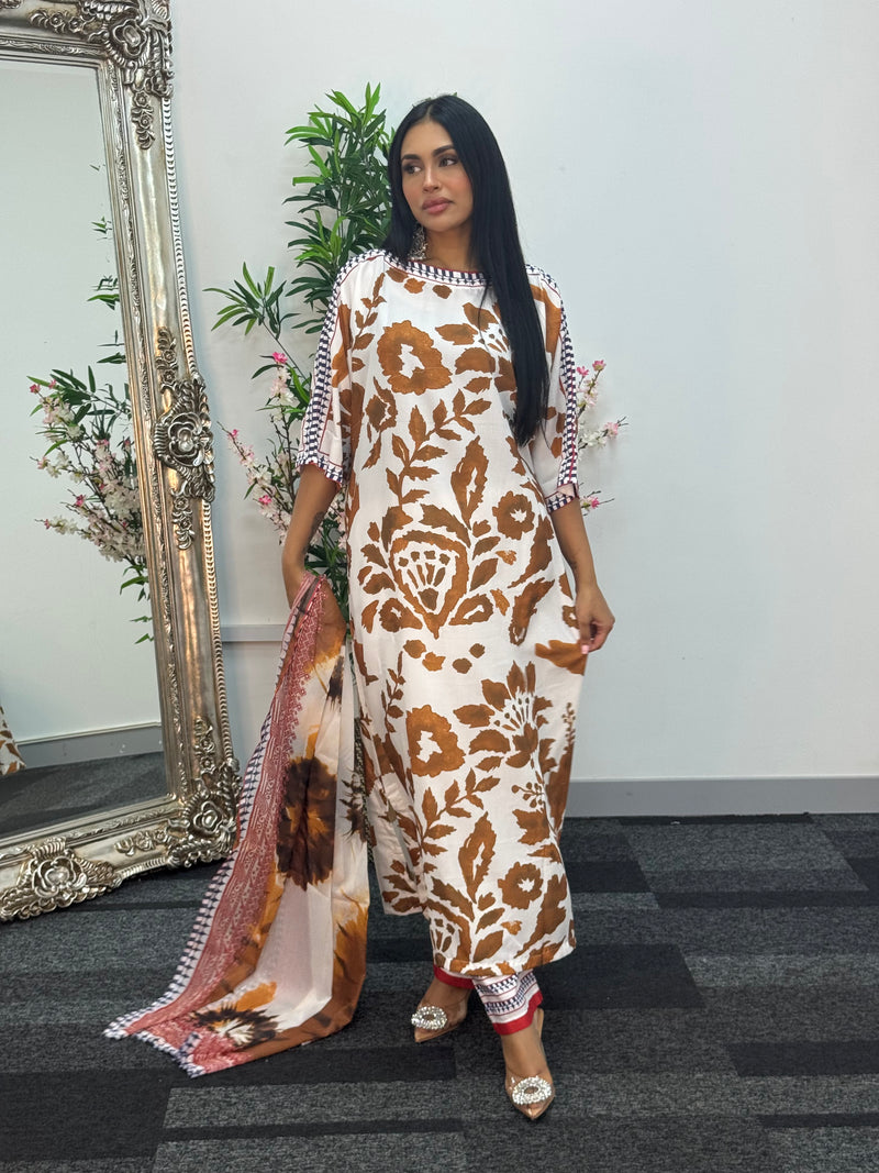 Swiss silk printed kaftan style dress - Brown Kaftaan - 3pc