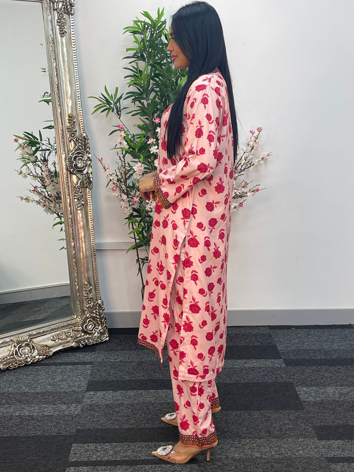 Daily Wear - 2pc Printed Linen - pink Roses