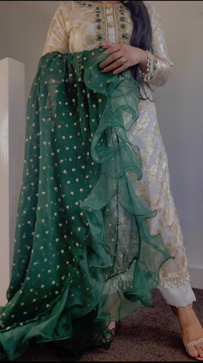 Laila- Banarasi Party Wear - Ivory dress green dupatta