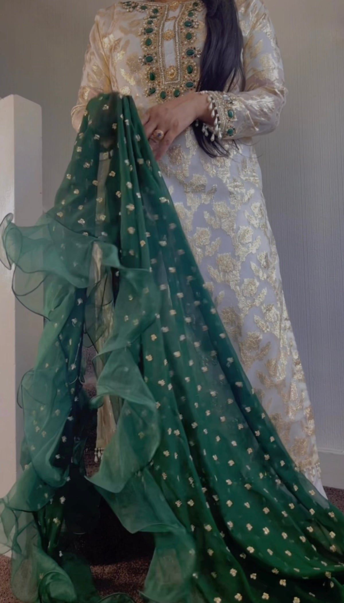 Laila- Banarasi Party Wear - Ivory dress green dupatta