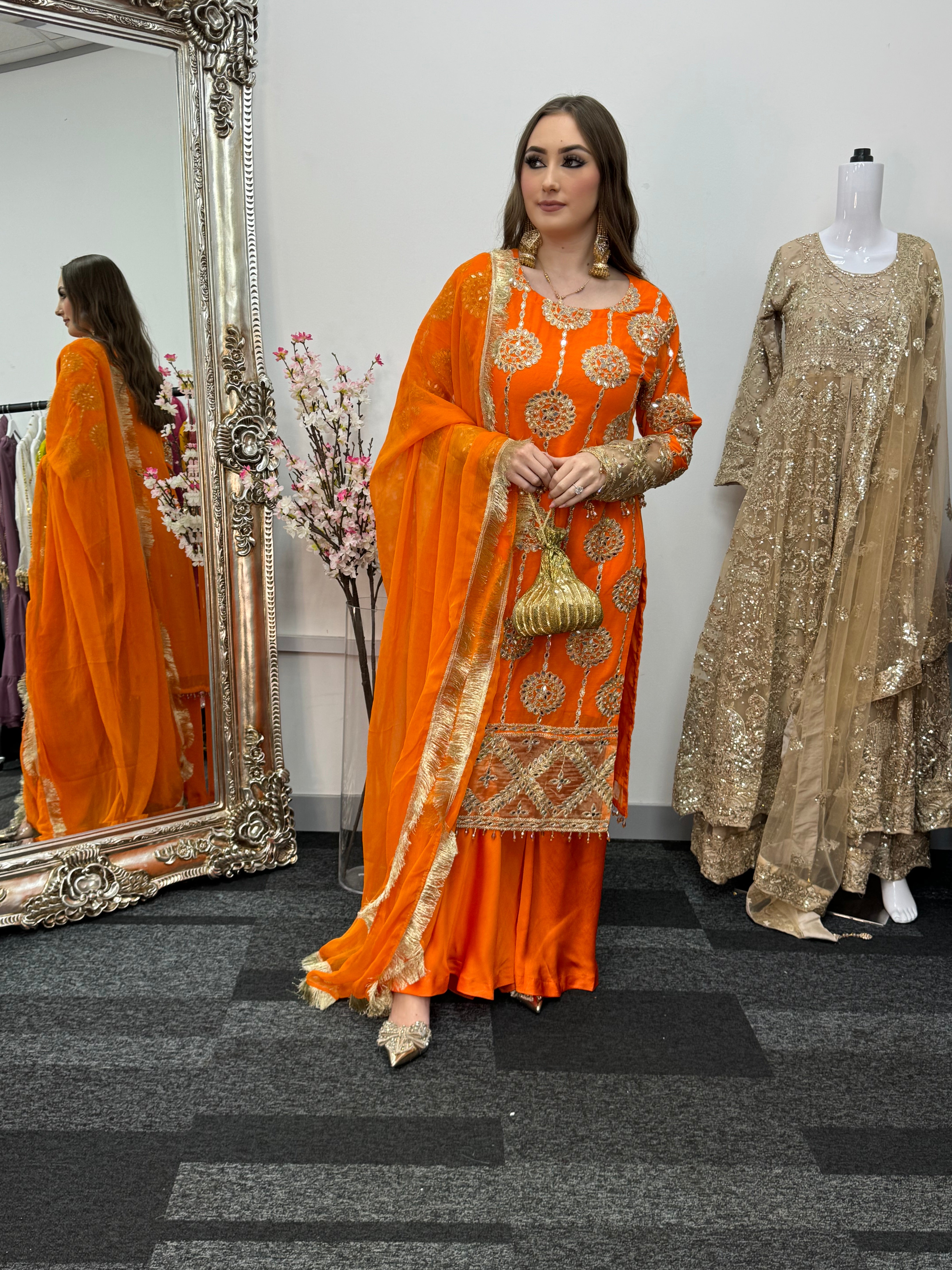 Kiran - Sheesha  Sharara - Orange - Mehndi Outfit- Party Wear-