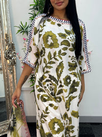 Swiss silk printed kaftan style dress - Green Kaftaan - 3pc