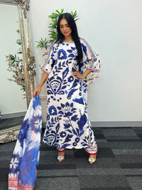 Swiss silk printed kaftan style dress - Blue Kaftaan - 3pc