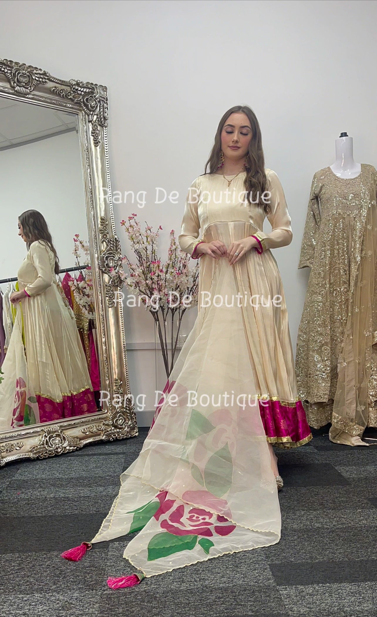 Gul Bano - Gold Pishwas with Hand Painted Dupatta -