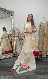 Noor bano - Gold Pishwas with Hand Painted Dupatta -