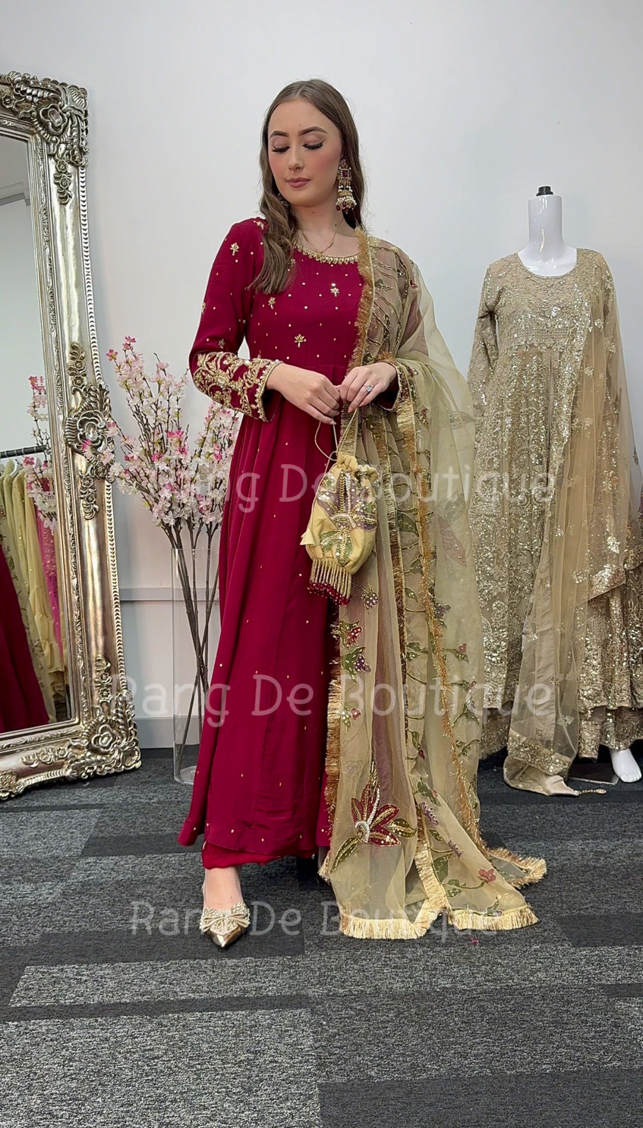 NOOR BANO - Hand Painted Dupatta with Hand Work -Anarkali - Maroon Gold -