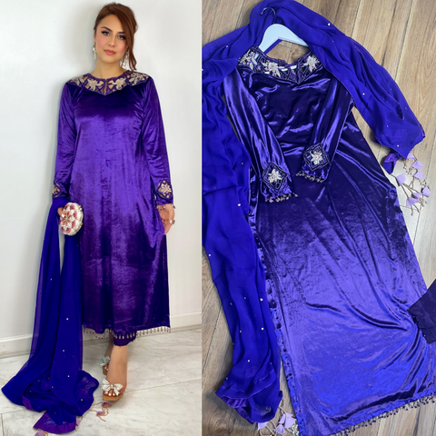 “Jaman” purple Velvet Pret with gold and Silver Wedding Outfit - Rang de Boutique