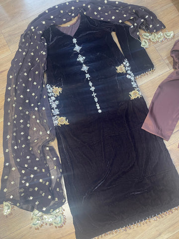 Choco Velvet Pret Brown with Silver and Gold Party Wedding Outfit - Rang de Boutique