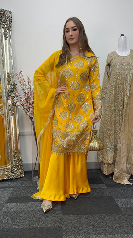 Kiran - Sheesha  Sharara - Yellow - Mehndi Outfit- Party Wear-