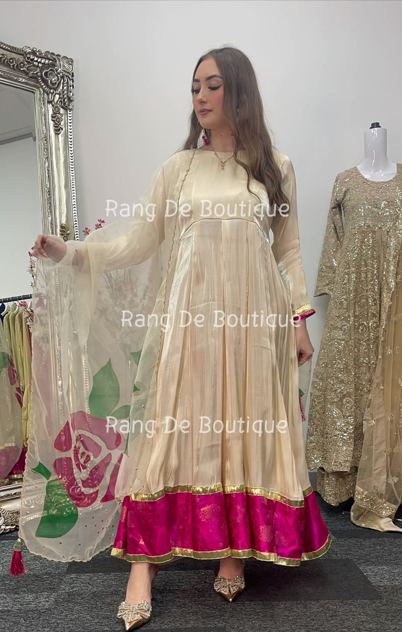 Noor bano - Gold Pishwas with Hand Painted Dupatta -