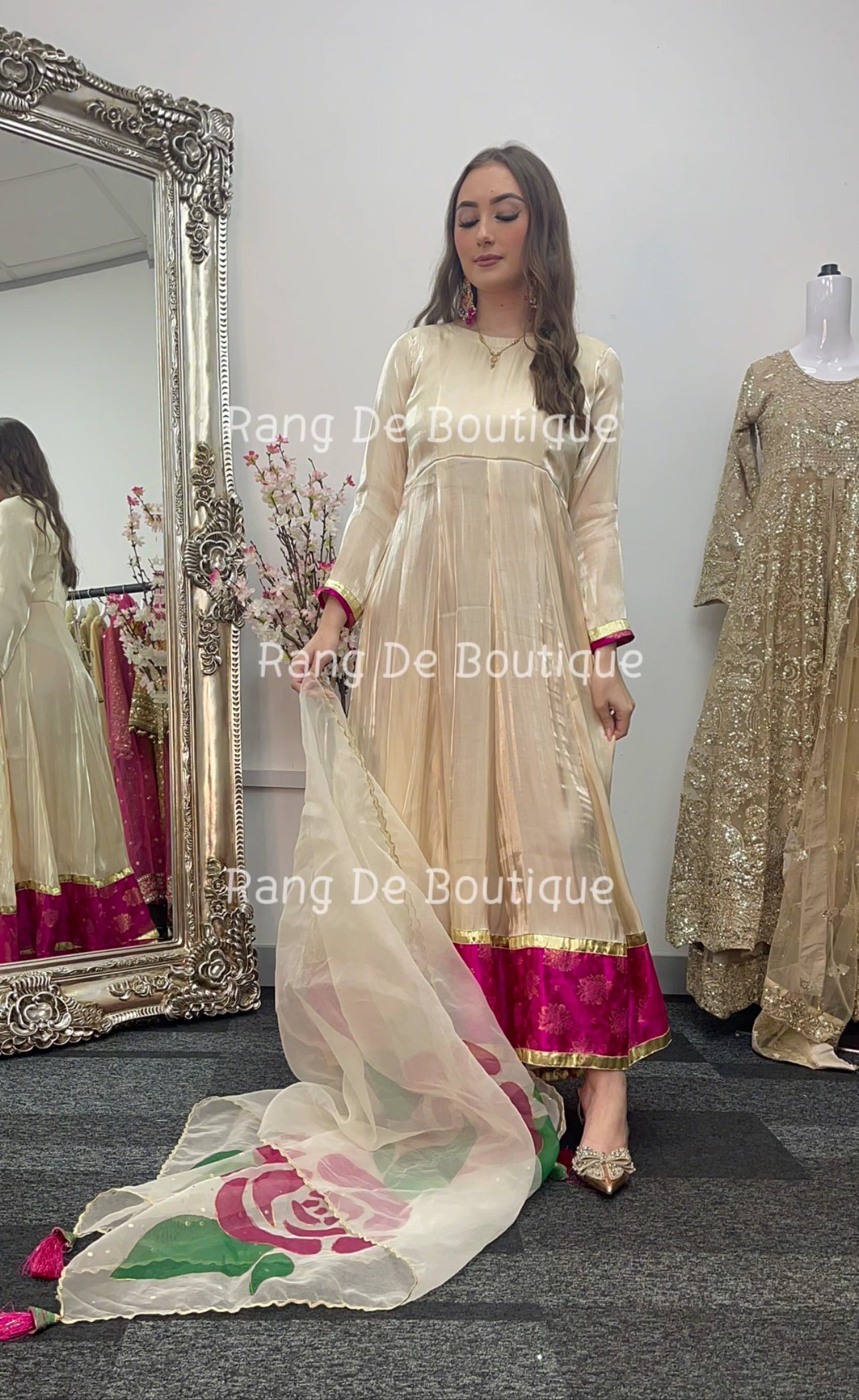 Gul Bano - Gold Pishwas with Hand Painted Dupatta -