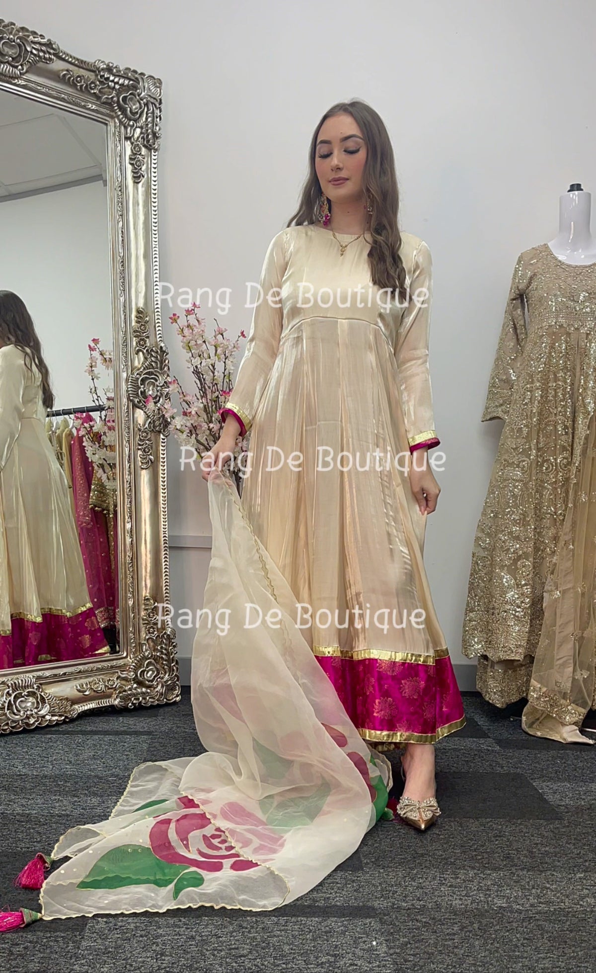 Noor bano - Gold Pishwas with Hand Painted Dupatta -