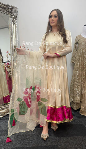 Gul Bano - Gold Pishwas with Hand Painted Dupatta -