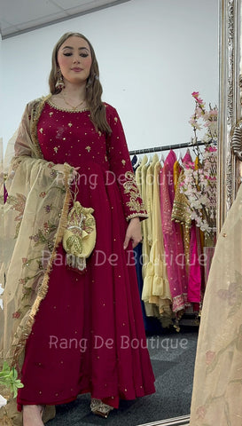 NOOR BANO - Hand Painted Dupatta with Hand Work -Anarkali - Maroon Gold -