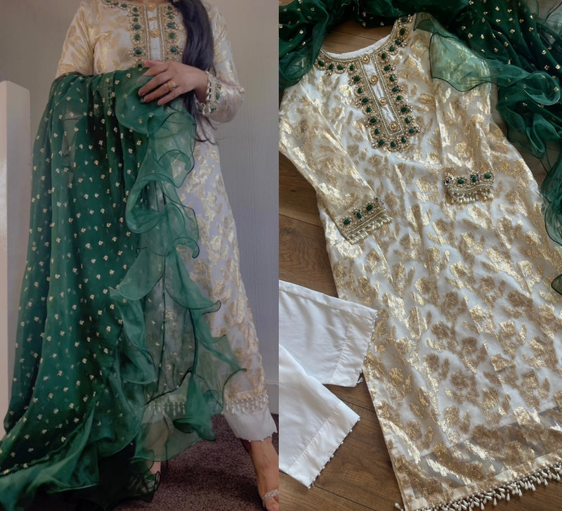 Laila- Banarasi Party Wear - Ivory dress green dupatta